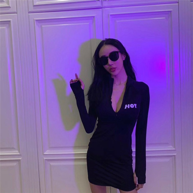 2019 thu đông trái tim mới máy dây kéo body hình váy chữ dài tay túi hông váy phụ nữ - Sản phẩm HOT đầm đẹp thu đông