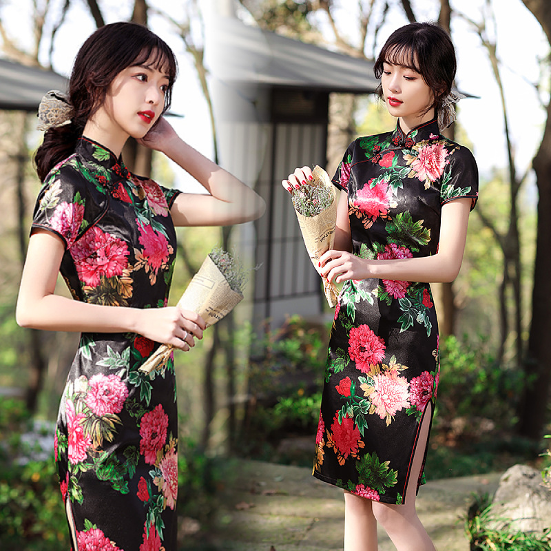 Large size short-sleeved cheongsam girl cos sexy lady temperament women's clothing big man CD pseudo-mother cross-dressing reverse string dress