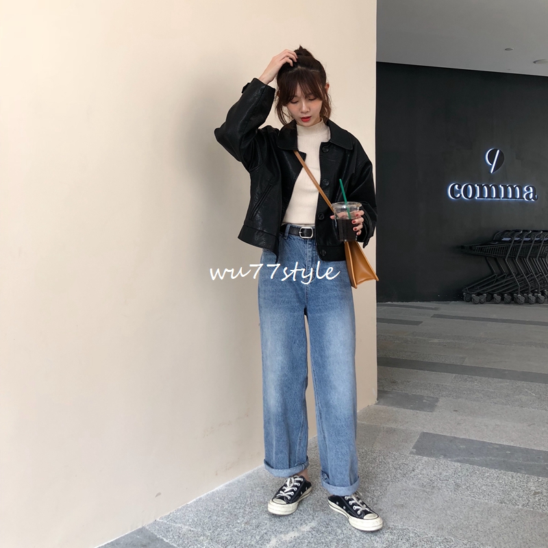 U77 Korea Cool đẹp trai áo khoác da màu đen Áo khoác lửng có khóa xiên túi dài tay áo xe máy nữ áo da dê