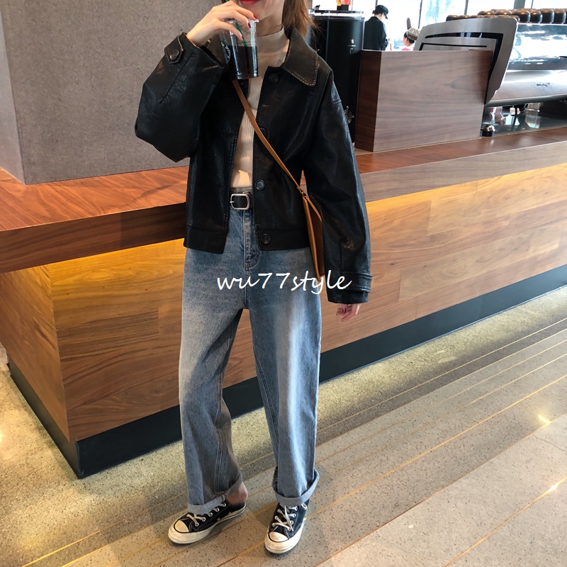 U77 Korea Cool đẹp trai áo khoác da màu đen Áo khoác lửng có khóa xiên túi dài tay áo xe máy nữ áo da dê