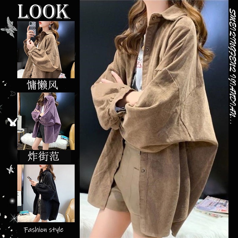 Women's Spring and Autumn Korean Style Loose Plus-Size Casual Streetwear Mid-Length Shirt Versatile Corduroy Shirt