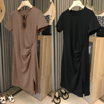 Nine buttons large size womens summer thin T-shirt dress fat mm fat plus fat increase wrinkle waist solid color T-shirt skirt 1581