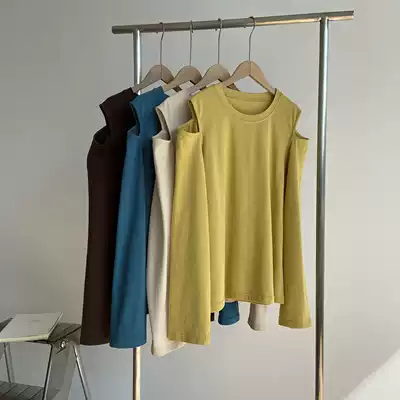 Nine button large size women's 2021 early spring new loose strapless sweater fat mm thin lazy wind long sleeve T-shirt 102