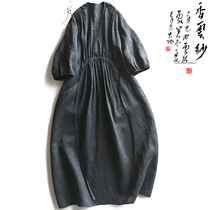 Yunshu original 35mm small heavy satin jacquard fragrant cloud yarn retro niche French V-neck dress silk long skirt