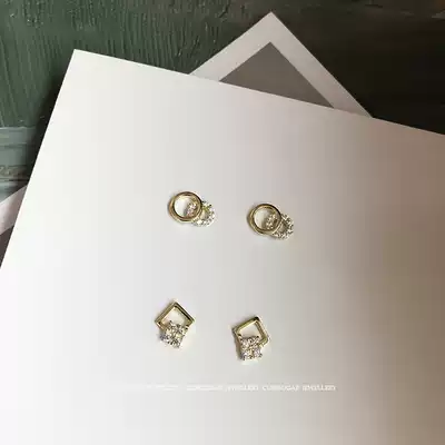 Daily with a full body 925 sterling silver plated white gold K gold round square hollow diamond-set small cute earrings