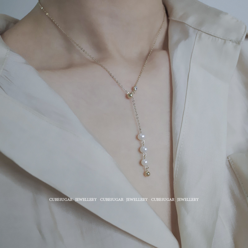 Square Sugar Home 925 Pure Silver Freshwater Pearl Necklace Adjustable Pull-out Temperament 100 Hitch Minimalist Around Collarbone Chain