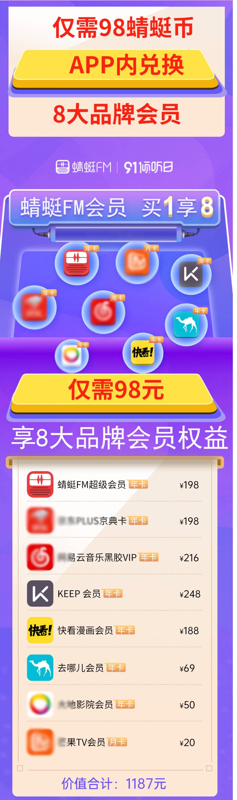 蜻蜓FM会员98元买1得8:含京东PLUS/网易云音乐/Keep/快看漫画等