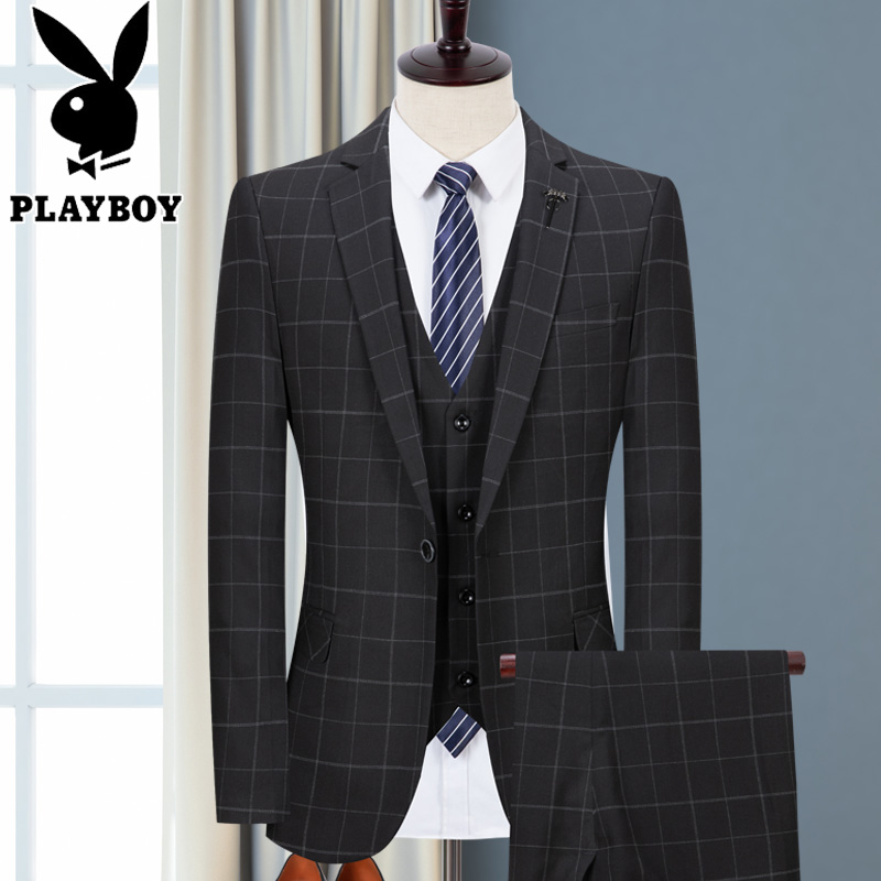 Playboy phù hợp với nam giới ba mảnh phù hợp với phù hợp với doanh nghiệp nhỏ váy kẻ sọc váy cưới chú rể