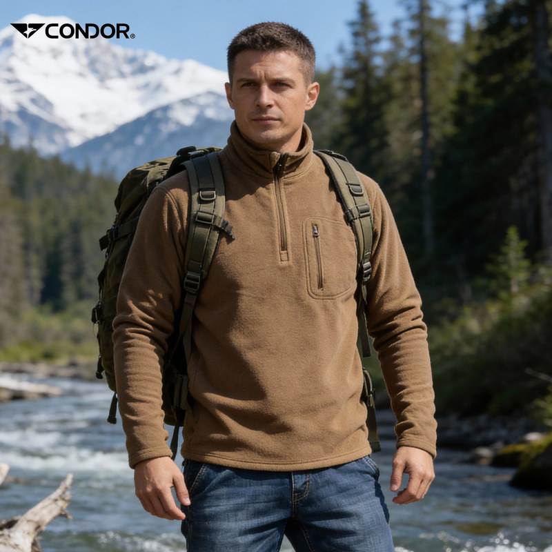 American Eagle Double-Sided Fleece Outdoor Fleece Jacket for Men with 1/4 Zipper, Reinforced Elbows, Wear-Resistant, Warm Base Layer
