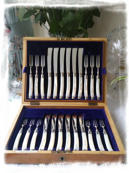 (UK) 1906 Sheffield T B S Fritillaria Handle Sterling Silver Dessert Fruit Knife and Fork Set