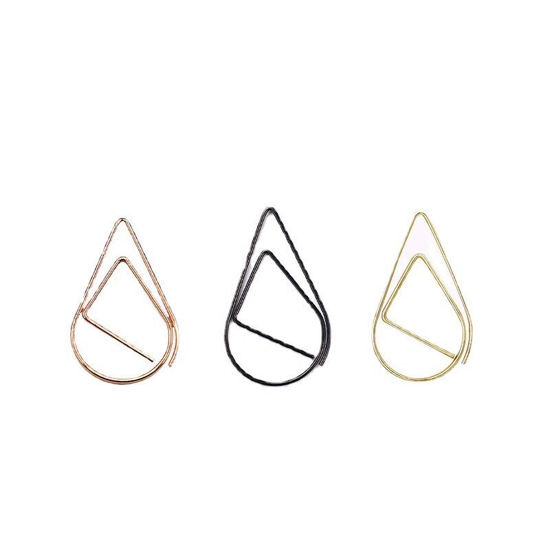 Creative metal water drop shaped paper clips, cute golden paper clips, office supplies, special-shaped bookmarks, clips