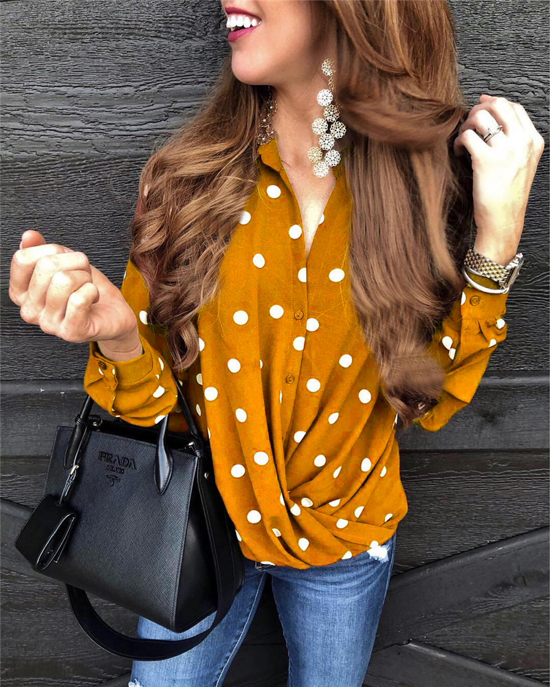 polka dot suit collar button long sleeve blouse  NSYF18833