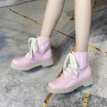 Martin boots female 2021 New White English style autumn and winter Joker pink patent leather handsome locomotive boots flat short boots