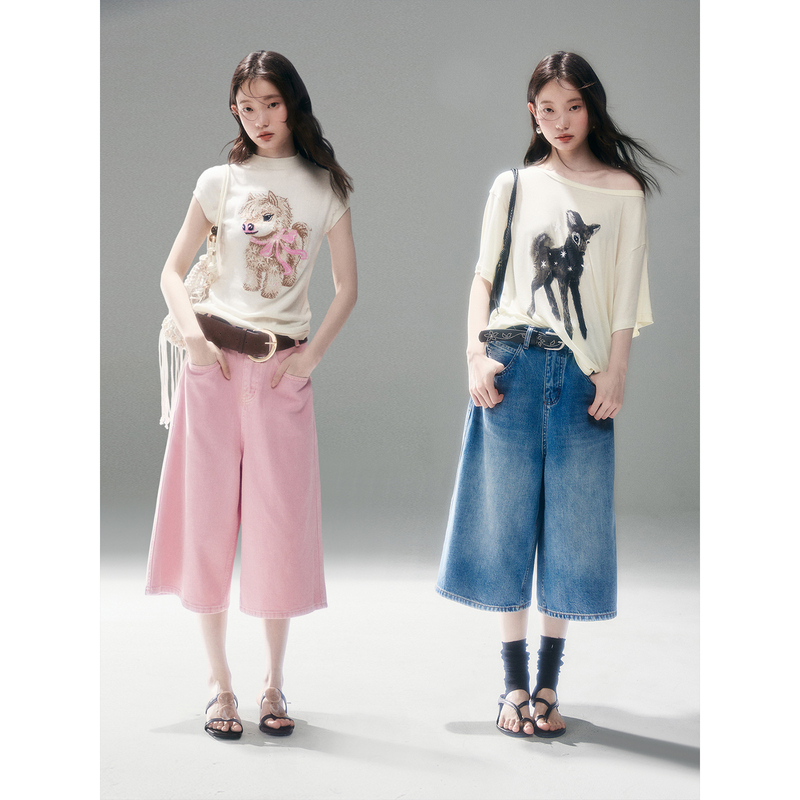 Youeruare Niche Design, Just the Right Length, Cotton Blend Wide-Leg Washed Denim Capri Pants