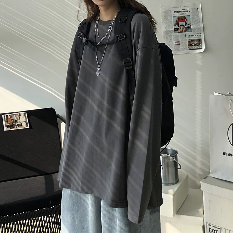 Mùa xuân cec gió lười áo thun dài tay nam nữ phiên bản Hàn Quốc của xu hướng áo len cặp sinh viên áo thun rộng thùng thình - Áo phông dài