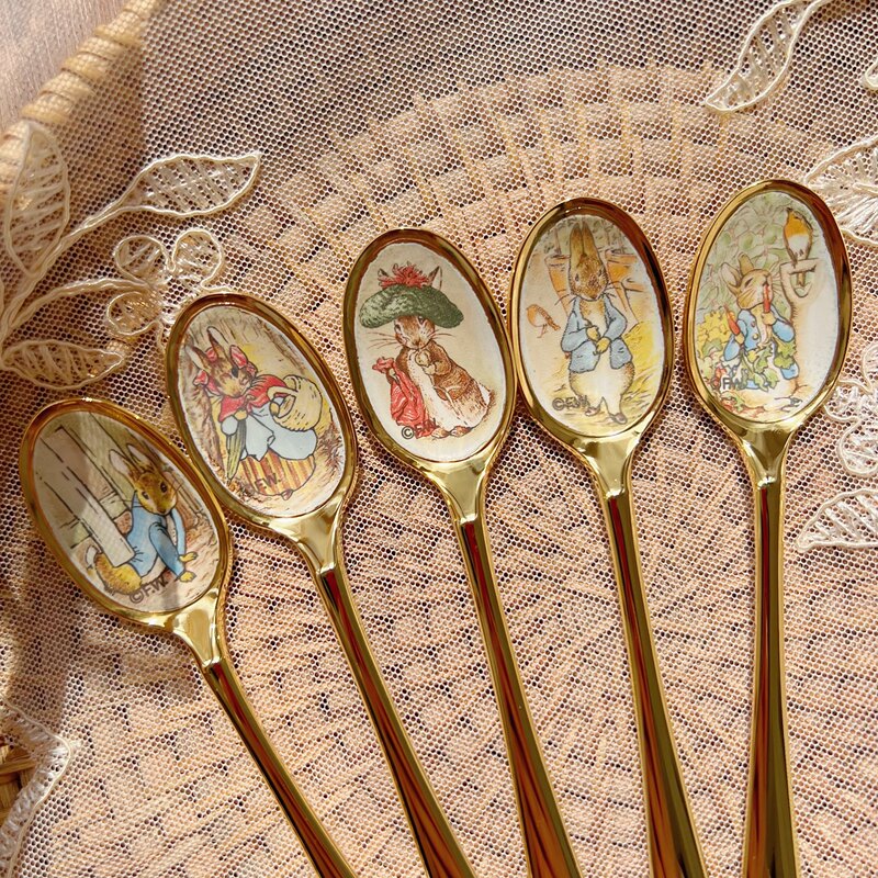 In-Stock Japanese Peter Rabbit Gold-Plated Spoon and Fork Coffee Spoon with Long Handle in Shippo Ware