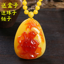 Chicken oil yellow old beeswax raw stone with skin double carved flower pendant amber water drop pendant necklace necklace women sweater
