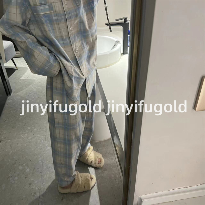 Gold Yifei Japanese-Style Spring and Autumn All-Cotton Flannel Simple Loungewear Couple Set Casual Plaid Unisex Pajamas