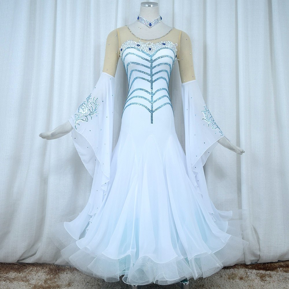 Red Phoenix White Trumpeter Sleeve Morden Dance Competition Dress Custom National Mark Waltz Tango Fox Walk Out 1001