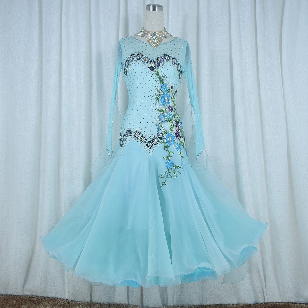 Red Phoenix Custom Light Blue Morden Dance Competition Dress Waltz Tango Fox Walk Performance Out of the Grand Pendulum Skirt 1008