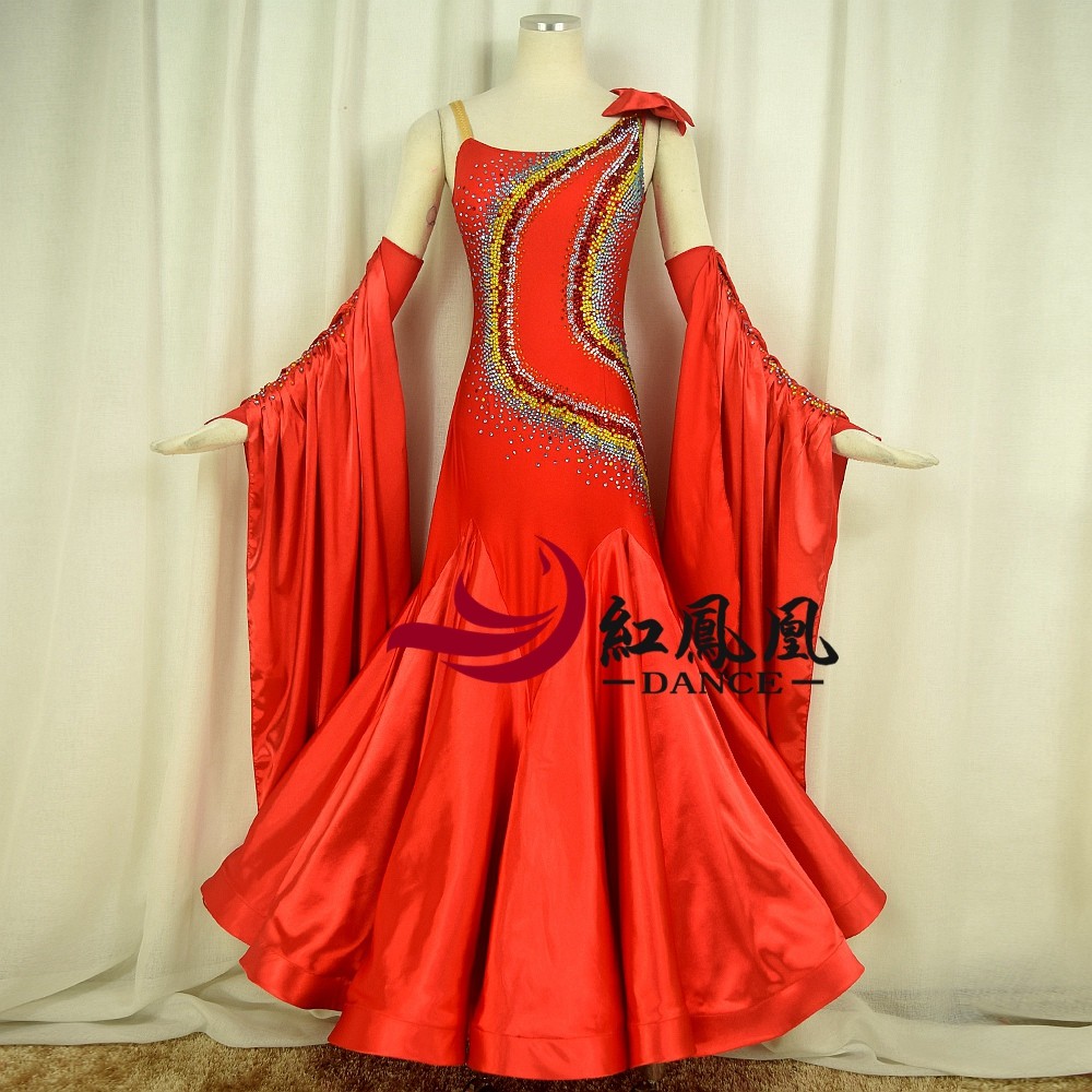 Red Phoenix New Elastic Satin Morden Dance Professional Race Dress Great Hem Skirt National Mark Social Dance Performance BR868