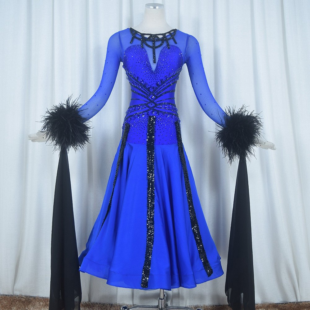 Red Phoenix Treasure Blue Feather Section Morden Dance Competition Dress Waltz Fox Step Tango Performance Uniform 1009