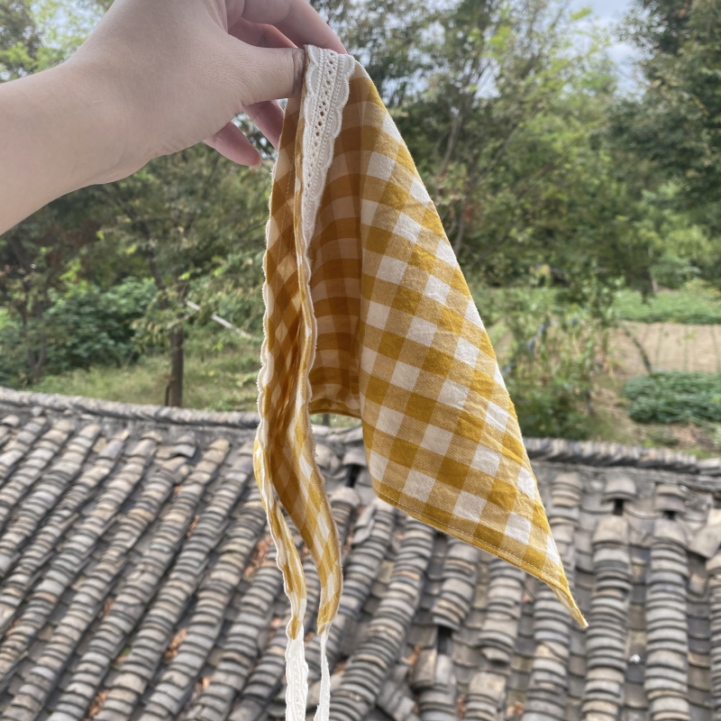【Wan Meow House】 ◆ Handmade】Lemon Waffle Yellow Plaid Triangle Scarf Headscarf in Artistic Pastoral Style