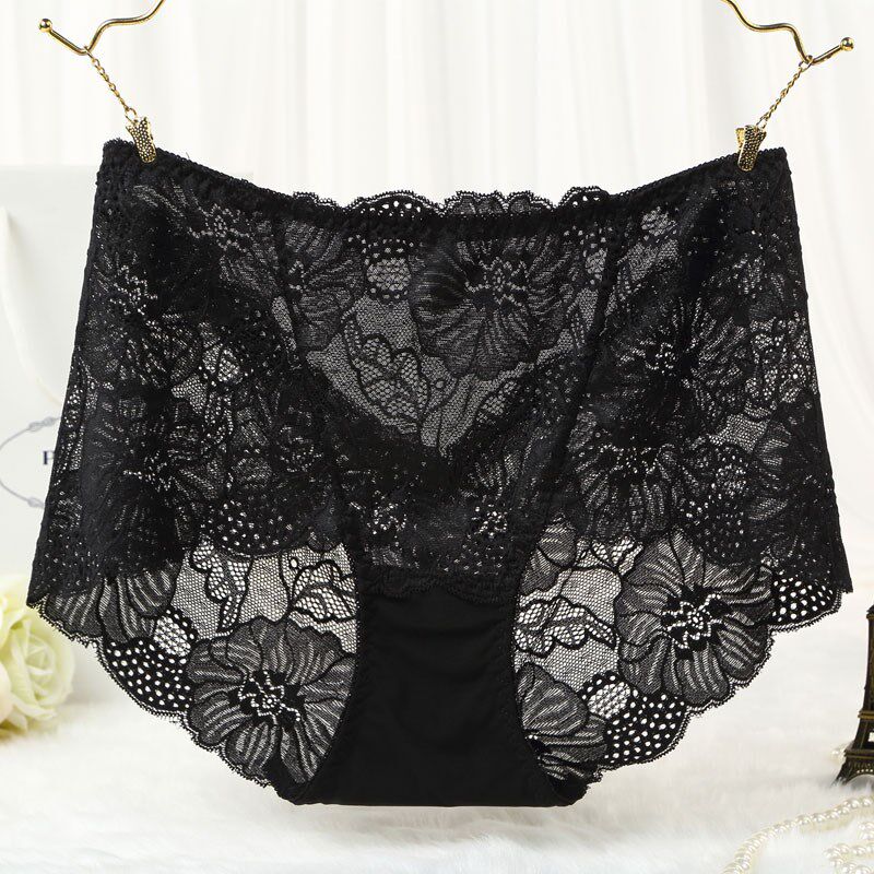 Large size panties Women's mid-waist lace sexy transparent soil red white breathable non-trace lace