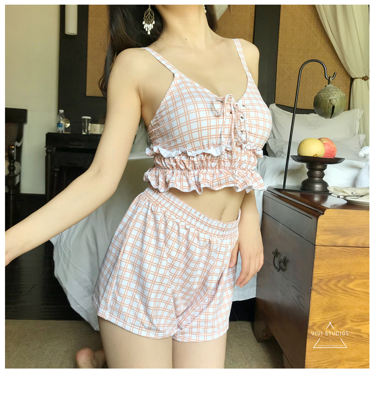 VV 18ss phong cách Nhật Bản phong cách đơn giản cà phê lưới bơi mặc sinh viên bảo thủ kỳ nghỉ mỏng chia áo tắm phụ nữ đồ bơi 2 mảnh đẹp