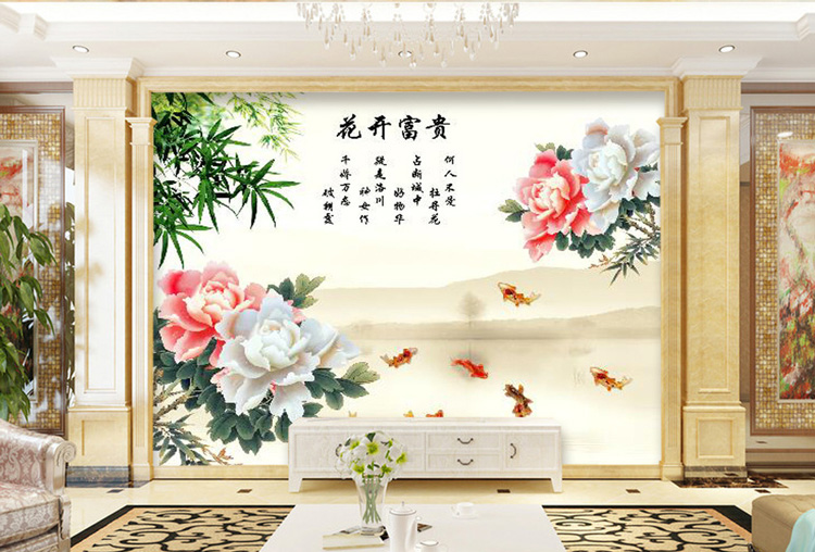 3D tile background wall TV background microcrystalline stone imitation jade modern Chinese jade carving peony flowers open rich nine fish figure