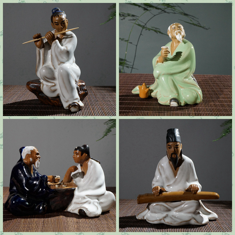 Bonsai accessories Shiwan doll fish tank Rockery decorations Ceramic characters ornaments Chess Weng play the piano Pied flute Gao Shi