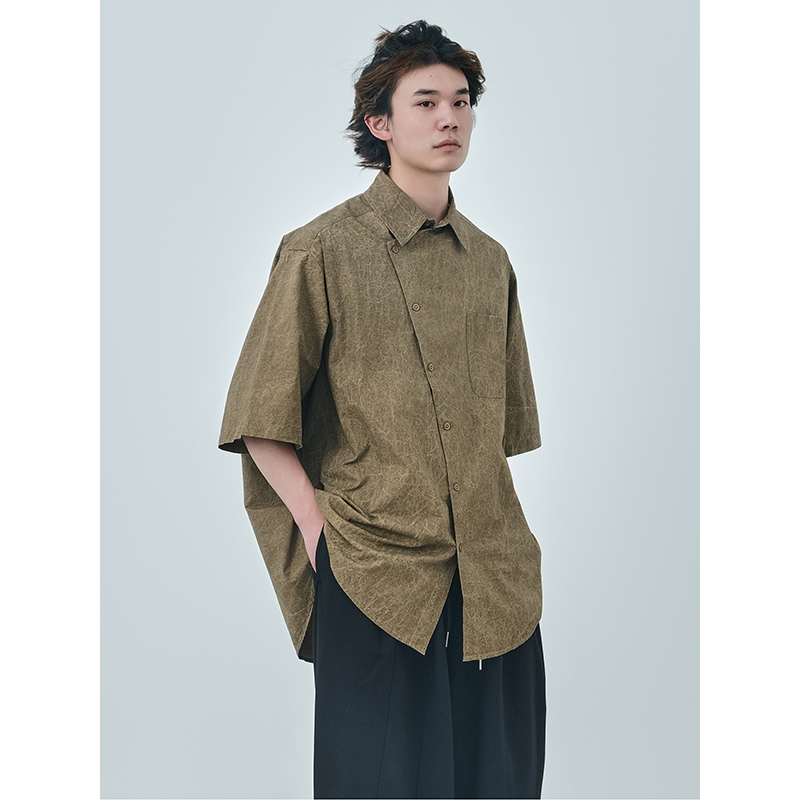 Rihe Store Fried Wax Washed Cracked Color New Chinese Style Diagonal Button Shirt Ultra Loose Vintage Short Sleeve Shirt for Men Summer