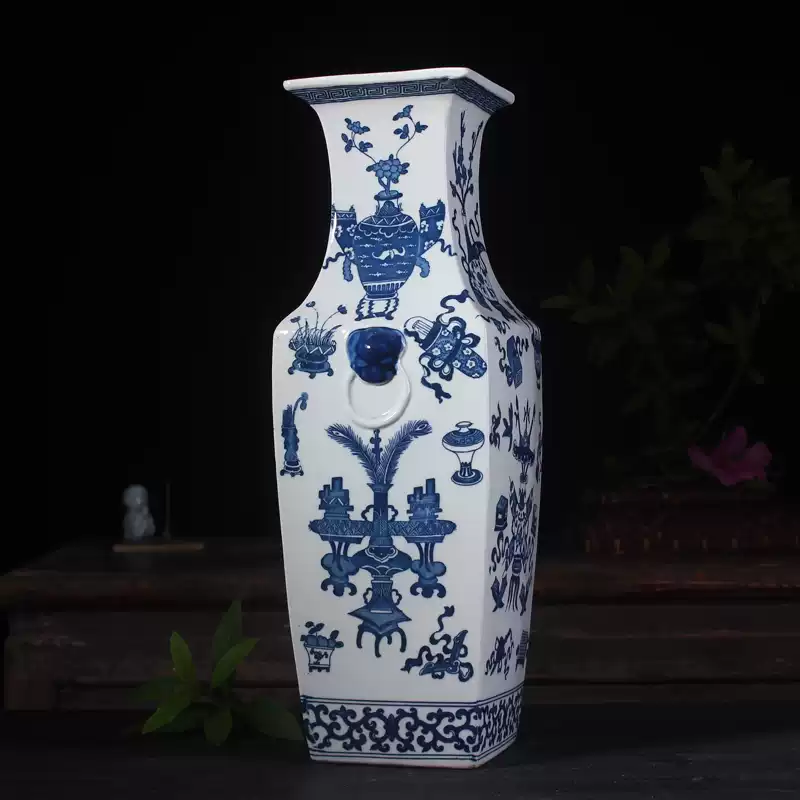 山水风景图青花花瓶景德镇明清古典陶瓷中式书院博古架样板房酒柜