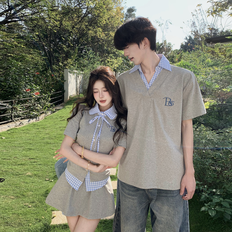 Korean College Style Color-Block Polo Collar Fake Two-Piece Short-Sleeve T-Shirt Couple Outfit High-End Set One Top One Skirt Summer