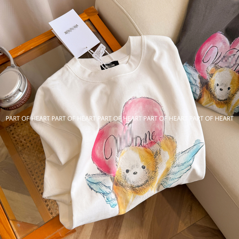 W's 2026 New Angel Teddy Bear Short-Sleeved T-Shirt with Heart-Shaped Bear Design, Unisex Loose-Fitting Printed Half-Sleeve Top