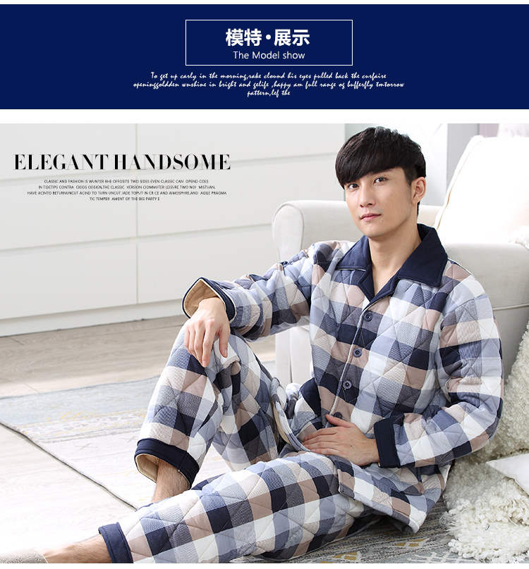 Đồ ngủ nam mùa đông cotton dài tay ba lớp bông mùa thu và mùa đông dày cộng với bộ đồ cotton thanh niên nhà cotton pijama nữ