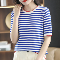 Pure cotton striped knitted short-sleeved womens t-shirt sea soul shirt looks thin and hits color British college style thin pullover top tide