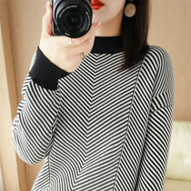Heavy thickened 100% cotton sweater womens half-high collar striped pullover sweater autumn and winter with long-sleeved bottoming shirt