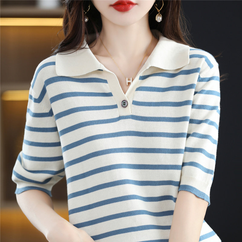 Striped polo shirt lapel short-sleeved T-shirt women's summer thin loose V-neck niche 100% cotton knitted top