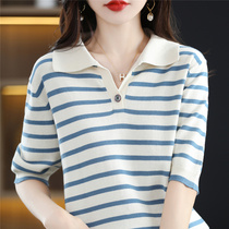 Striped polo shirt lapel short-sleeved T-shirt womens summer thin loose V-neck niche 100% cotton knitted top