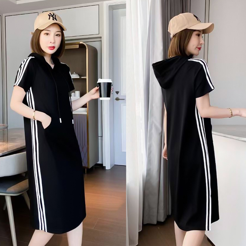 Sports Casual Dress 2025 New Summer Women's Mid-Length Hooded Sweatshirt Dress Loose Short-Sleeved T-Shirt Dress