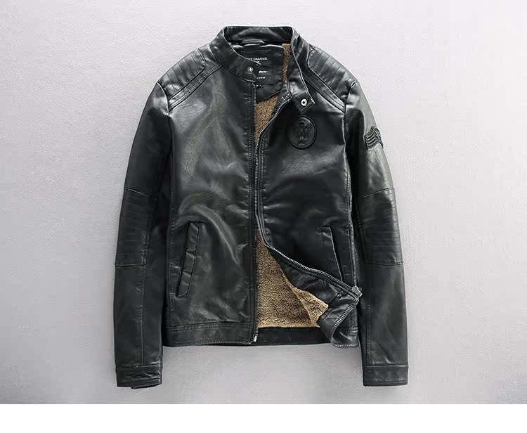 Mỹ mùa đông cộng với nhung dày đầu máy quần áo thủy triều nam quần áo da lỏng lẻo Harley đứng cổ áo khoác da PU áo khoác nam áo khoác dài nam
