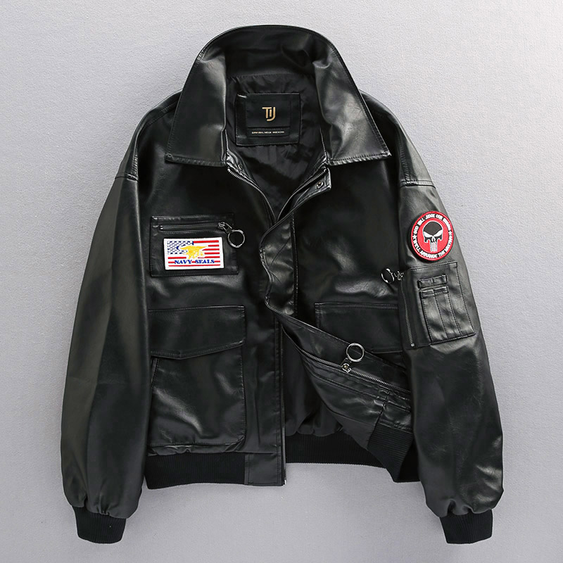 (Special Price Flush) Trend Pilot leather jacket Male Flag Magic sticker badger Locomotive Leather Coat Jacket