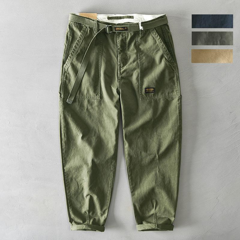 Amei Casual Loose Straight-Leg Cargo Pants for Men, Comes with a Matching Belt, Pure Cotton, Army Green, Casual Long Pants, Trendy
