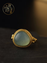 (Qiu Shan Ye Yu) Bague en or restaurée de la dynastie Tang incrustée de pierres précieuses bleues argent plaqué or nouvelle création culturelle aigue-marine de style chinois