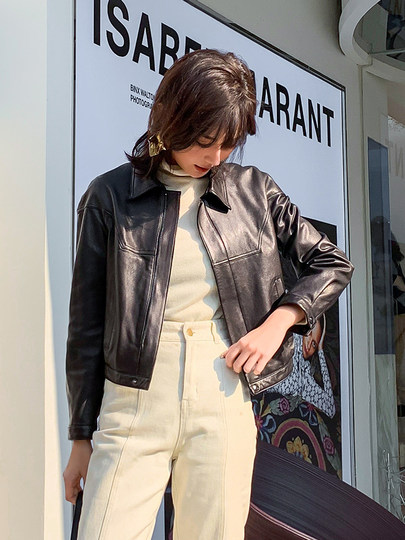 Haining Spring and Autumn New Casual Motorcycle Leather Jacket Small Coat Sheepskin Genuine Leather Jacket Women's Short Slim Fit