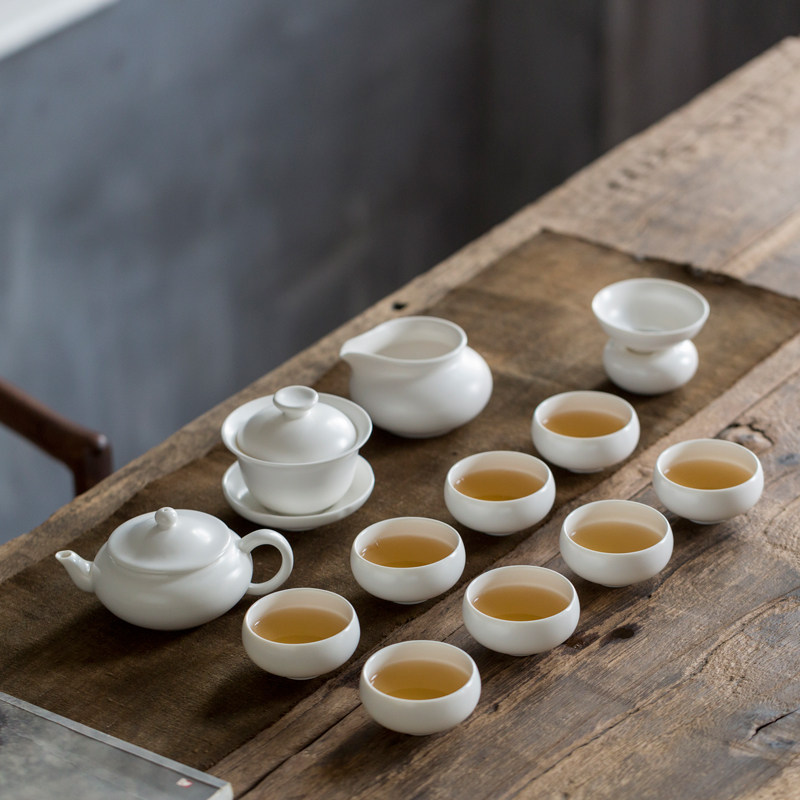 Tang Moon Kilns Goat Grease Jade Porcelain Kung Fu Tea Tea Tea Cup Suit Home White Jade Porcelain Teapot Ceramic Lid Bowl Tea Cup Whole Set