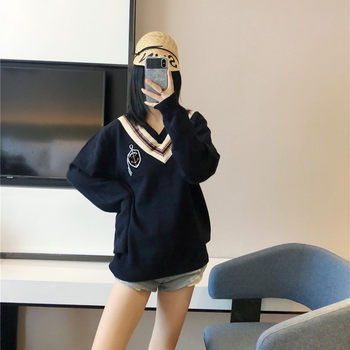 British preppy style contrast collar sweater emblem sweater