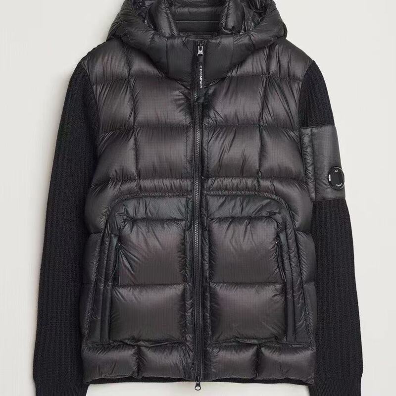 Cp Trendy Brand Knitted Patchwork Short down Jacket for Men with Detachable Hood, Warm White Duck down Coat, Black Slim Fit Cp Trendy Brand Knitted Patchwork Short down Jacket for Men with Detachable Hood, Warm White Duck down Coat, Black Slim Fit