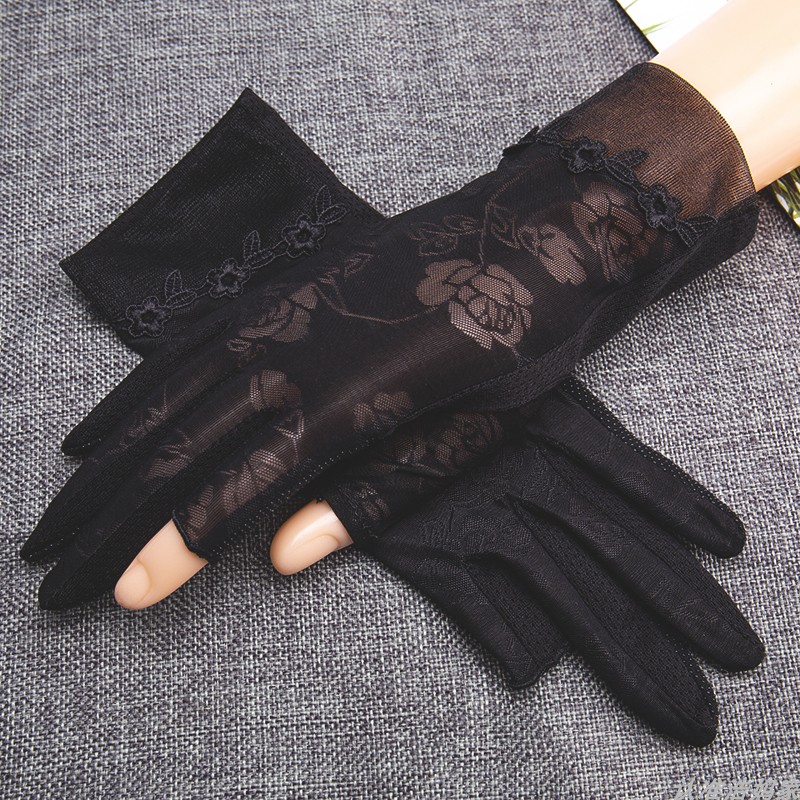 Dew finger ice silk gloves women's summer driving sunscreen thin anti-skid anti-ultraviolet dew two-finger and half-finger gloves short mid-length